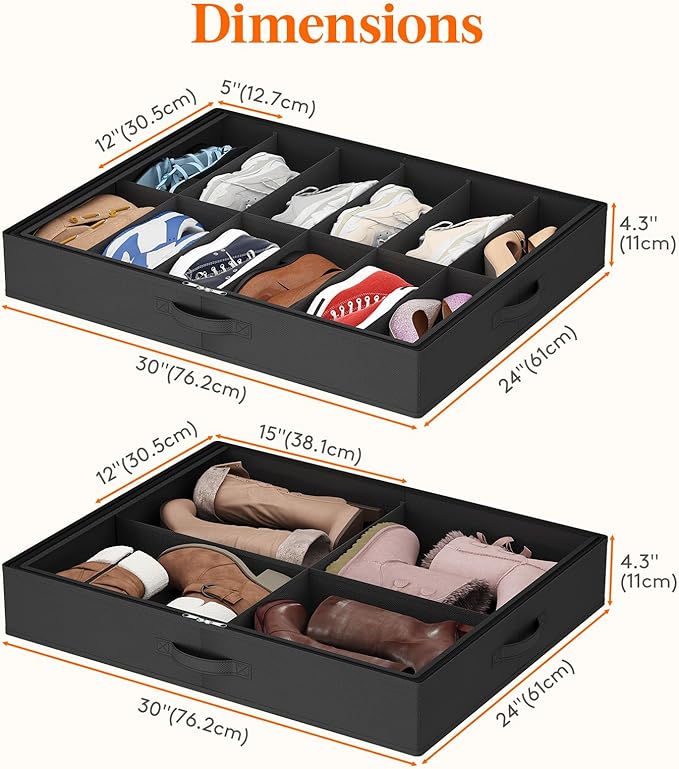 Lifewit Under Bed Shoe Storage Organizer 4 Pack (2x12 Pairs + 2x4 Pairs), 4.3" Tall Fabric Shoe Container Box, Foldable Closet Shoe Bag with 2 Reinforced Handles and Clear Cover, Black