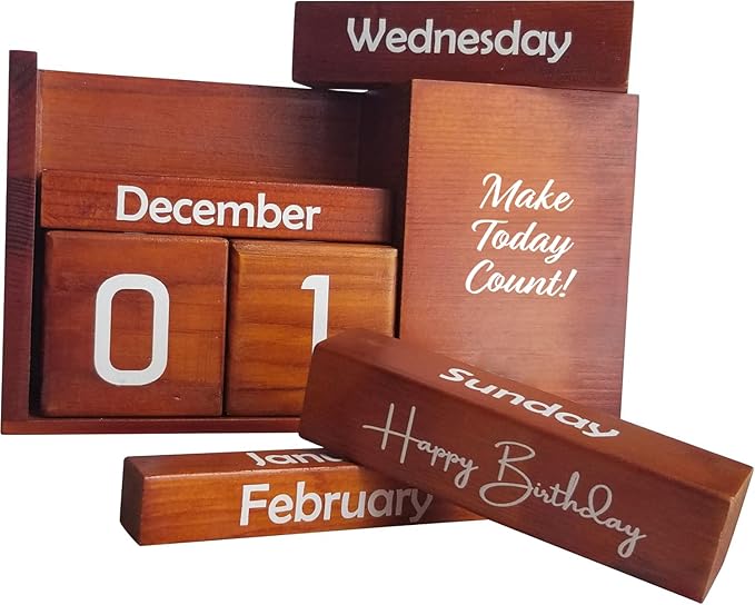 STRIVE ZEN Perpetual Wooden Desk Calendar - Timeless Elegance for Daily, Weekly, and Monthly Planning | Solid Pine Wood, Desk Decoration, and Thoughtful Gift with Bonus Happy Birthday Block Included