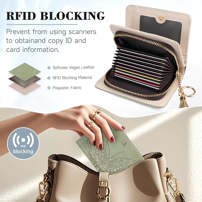 Women RFID Blocking Small Bifold Wallet, Compact Cash Clutch with Zipper Coin Pocket, Glittery Butterfly Design, Credit Card Holder, Travel Purse with Tassel GREEN