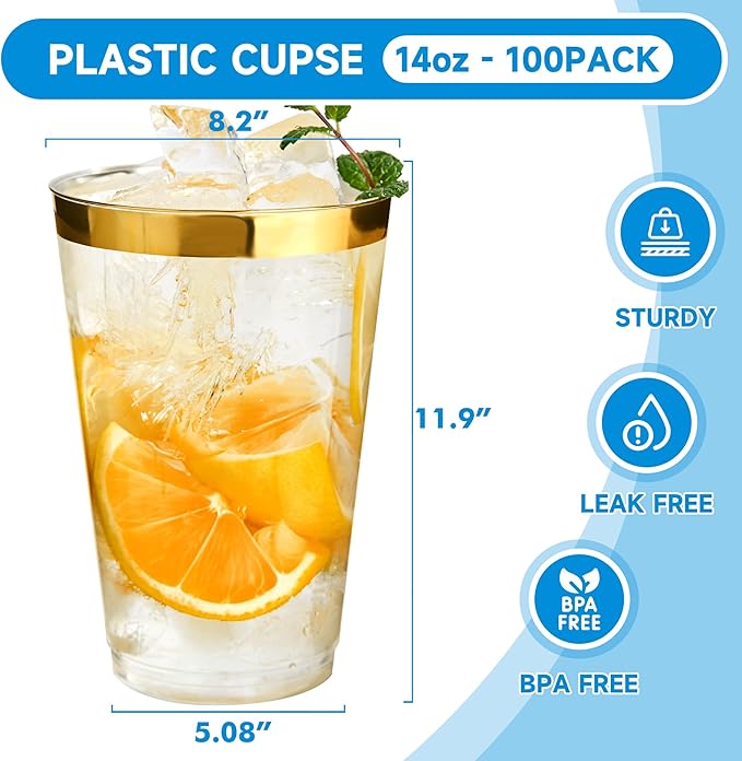 RACETOP 14 oz Disposable Plastic Cups with Gold Rim, Disposable Gold Rim Plastic Cups for Parties, Weddings, Gatherings, and Festival Events 100 Pack