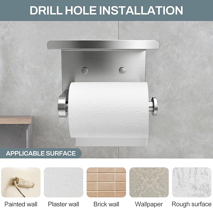 SetSail Toilet Paper Holder with Shelf Adhesive or Screw-in Bathroom Toilet Paper Roll Holders Wall Mount Brushed Nickel Heavy-Duty Tissue Holder for Bathroom Hardware Accessories, 2 Packs