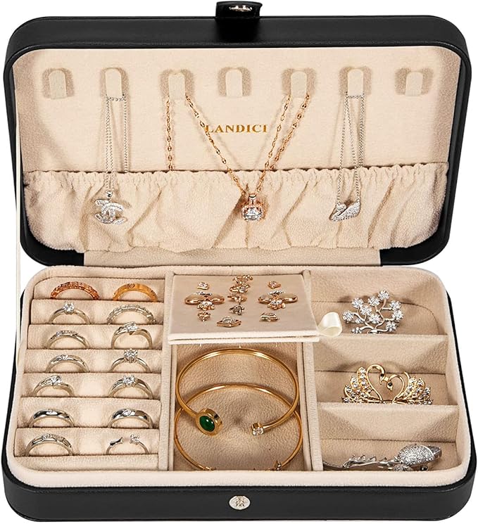 LANDICI Small Jewelry Box for Women Girls, PU Leather Travel Jewelry Case, Portable Jewelry Organizer Storage Holder Display for Ring Earrings Necklace Bracelet Bangle Men Kids Gift, Black