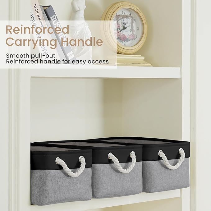 VQRTEXA Storage Baskets for Shelves 13.8x9.8x6.7 Inch, Foldable Fabric Storage Bins with Handles, Small Storage Baskets for Organizing Closet, Bathroom, Office, Home Organization (1-Pack, Black&Gray)