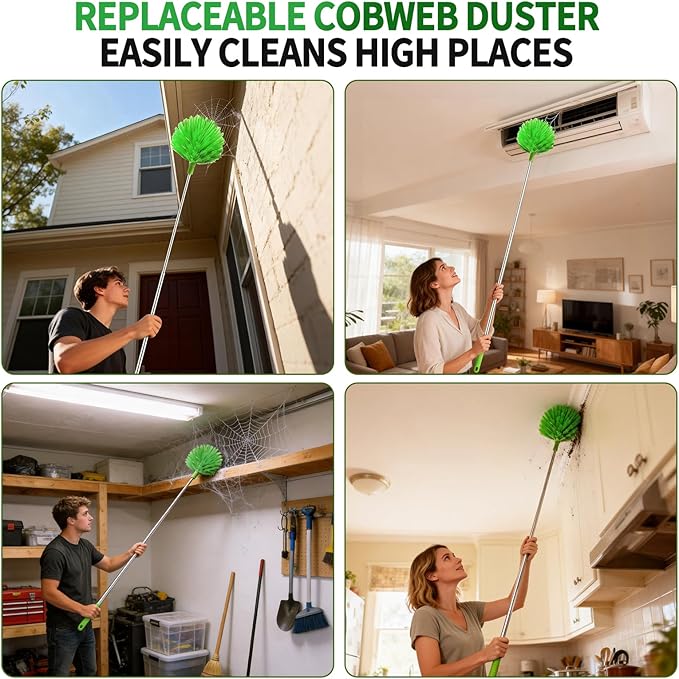 Cobweb Duster with Extension Pole, Washable Cleaning Duster Kit with 3 Duster Heads, Cobweb Duster, Corner Brush, Aluminum Telescoping Pole for high Ceiling Fan，Spider Web Brush with Extension Pole