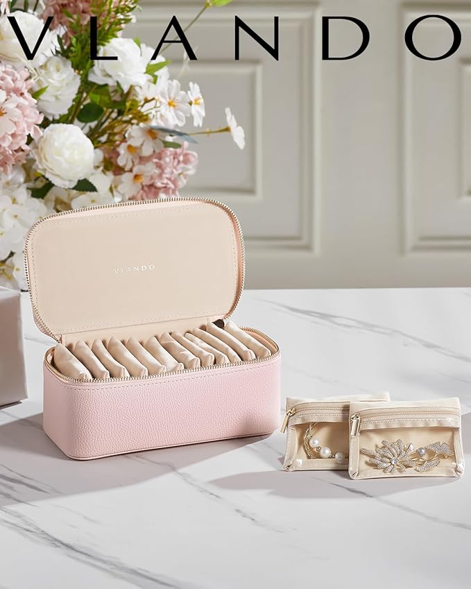 Vlando Teacher Gifts for Women,Jewelry Box with 12 Velvet Jewelry Bags Travel Jewelry Case for Girls Jewelry Organizer for Travelers Birthday Gift Ideas for Women (Pink)