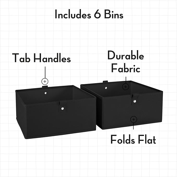 RiverRidge Kids 6pc Folding Storage Bins Set - 10.5”W x 5”H Fabric Boxes with Handles for Closet Organizer & Storage - Black Cube Storage Organizer for Toys, Clothes & Crafts - Fits RiverRidge Shelves