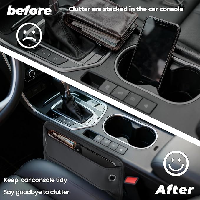 PLEW 2-Pack Black Obsidian Car Seat Gap Filler, Premium Leather Console Organizer Universal Fit for Car SUV Truck Multi-Purpose Essentials Organizer - Anti-Drop Auto Interior Accessories
