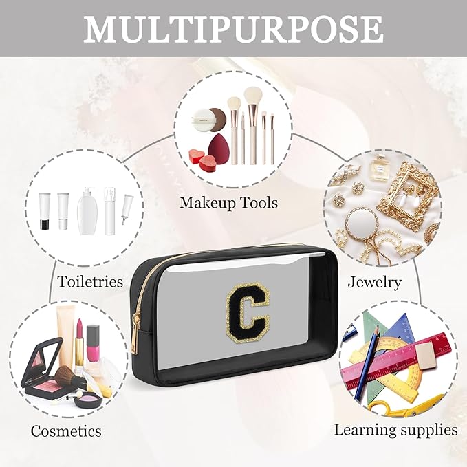 Small Clear Personalized Initial Makeup Bag,Nylon Preppy A-Z Chenille Letter Patch Cosmetic Pouch Beach Toiletry Bag,Waterproof Zipper Travel Purse Storage Bag Organizer for Women Girls(Black-Black C)