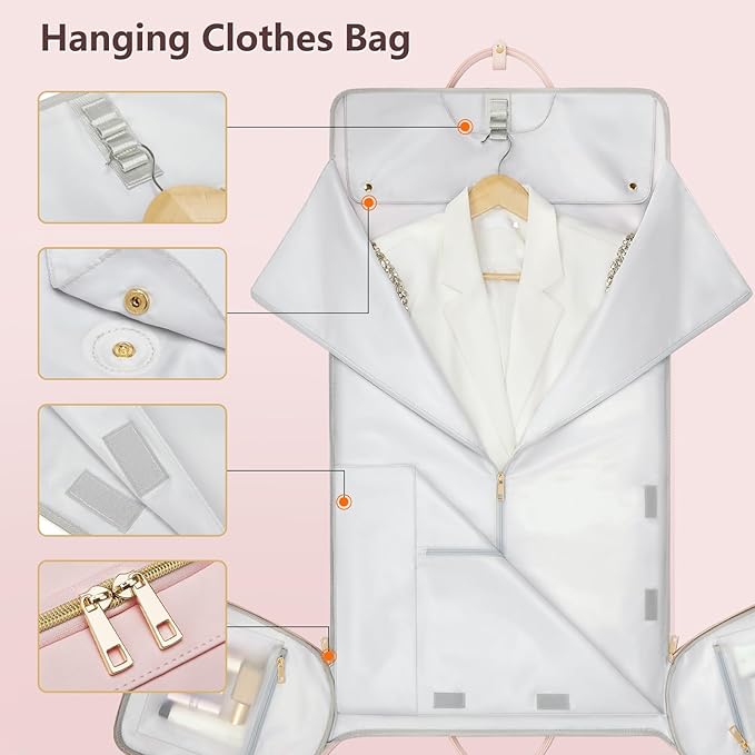 Garment Bags for Travel, Convertible Suit Travel Bag for Women, Fashion & Cute Carry On Garment Bag with Shoe Pouch, 2-in-1 Foldable PU Leather Hanging Duffle Bag, Single-Zipper Design, Pink
