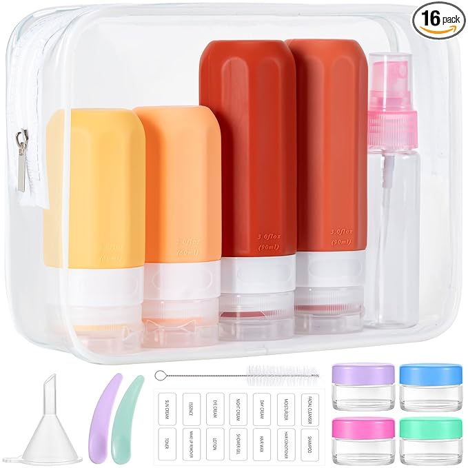 MODENGKONGJIAN 16 Pack Travel Bottles for Toiletries, TSA Approved Silicone Squeezable Travel Shampoo Bottles, 3oz Leak Proof Refillable Toiletry Cosmetic Containers (16PCS/Brown)
