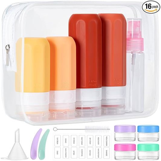 MODENGKONGJIAN 16 Pack Travel Bottles for Toiletries, TSA Approved Silicone Squeezable Travel Shampoo Bottles, 3oz Leak Proof Refillable Toiletry Cosmetic Containers (16PCS/Brown)