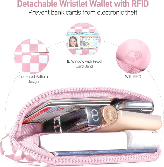 Clip and Go Strap for Phone with Wallet Crossbody Phone Lanyard and Detachable Checkered Bag with ID Window and RFID Pouch for Daily Travel.
