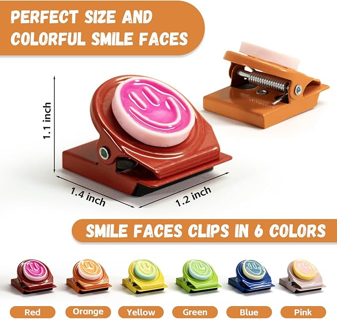 6Pcs Magnetic Clips Refrigerator Magnets – Colorful Happy Face Fridge Magnets for Artwork Display, Classroom Whiteboard & Locker, Teacher Must Haves for School, Home & Office