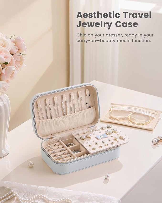 Lolalet Travel Jewelry Case for Women Girls, Travel Jewelry Organizer with Clear Storage Bag Small Portable Jewelry Box for Necklace Bracelet Earring Ring Valentine's Bridesmaid Gifts -Medium/Blue