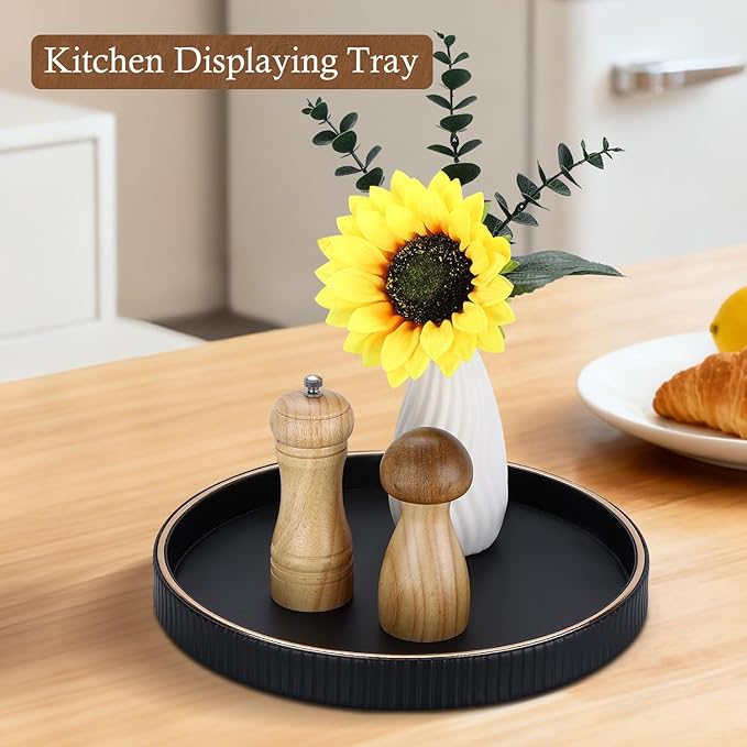 GORESE Decorative Tray for Home Decor, 12" Round PU Leather Coffee Table Tray Table Centerpiece for Living Room, Dresser, Vanity, Valet Tray Nightstand Organizer for Trinket Perfume Key, Black