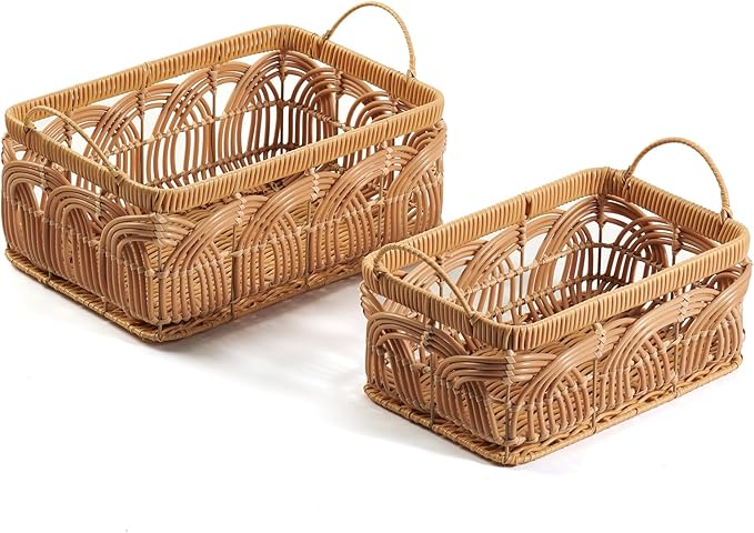 VinneGenzz 2PCS Plastic Wicker Storage Baskets Set Decorative Bohemian Handmade Woven Bathroom Boxes Bins Shelf Closet Cloth Toilet Paper Container Laundry Organizer with Handles Removable Liner