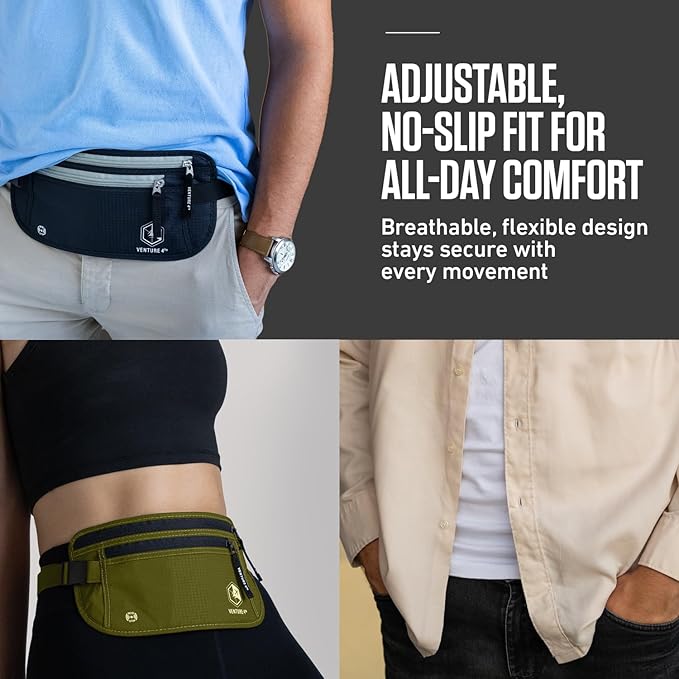 VENTURE 4TH Travel Money Belt – Hidden Under-Clothes RFID Blocking Passport Holder & Slim Travel Wallet Pouch for Men & Women to Protect Cash, Cards & Documents (Green)