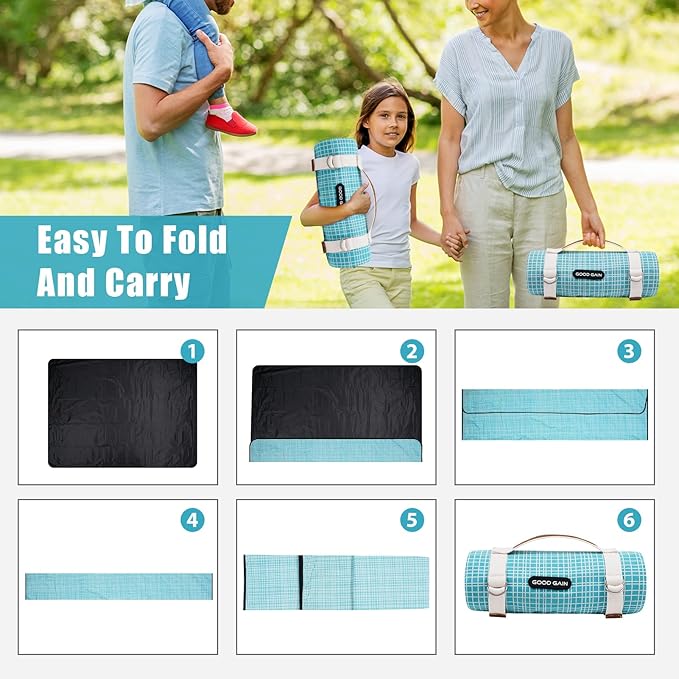 G GOOD GAIN Picnic Outdoor Blankets Waterproof Large - Beach Mat Sand Free Foldable with Carry Strap | Portable Camping Blanket | Park Blanket for Grass Park, Hiking, Travel, Concerts (Sapphire)