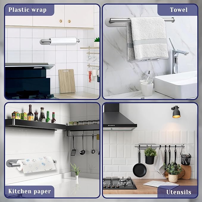 Paper Towel Holder, Self Adhesive or Drilling Paper Towel Holder Under Cabinet, Stainless Steel Paper Towel Holders Wall Mount for Kitchen, Bathroom, Sink, Pantry, Fridge (Sliver)