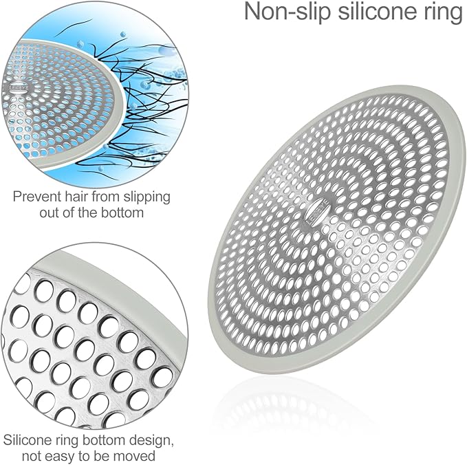 LEKEYE Shower Drain Hair Catcher | Strainer | Shower Stall Drain Cover | Bathroom Drain Protector Stainless Steel and Silicone (Light Gray)