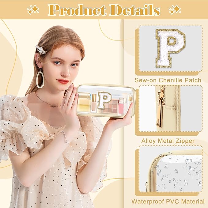 Personalized Initial Letter Clear Makeup Bag,Preppy Small Nylon&PVC Cosmetic Zipper Bag with Chenille Letter,Portable Beach Travel Skincare Toiletry Bag,Trendy Monogram Gift for Teen Girls Women,P