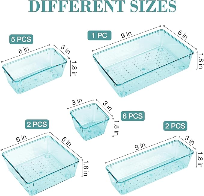 16 PCS Drawer Organizer Set, 5 Varied Size Bathroom and kitchen Drawer cabinet organizer Trays, Clear Storage Bins for Makeup, Jewelry, Utensils and Gadgets