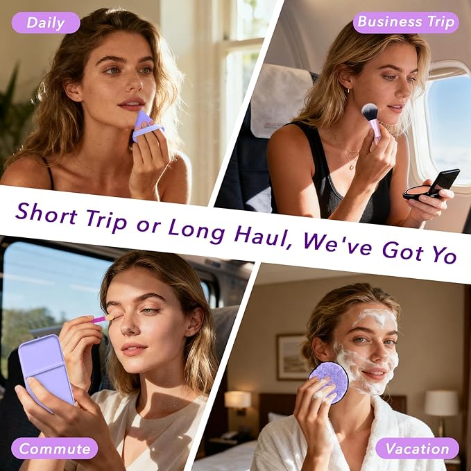 Travel Makeup Brush Set, 77Pcs Mini Makeup Kit Synthetic Foundation Concealers Eye Shadows Brushes Powder Puff with Eyelash Curler Eyebrow Razor Comb Mirror Hair Clips Cosmetic Bag (Purple)