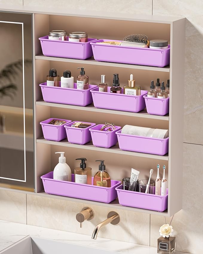 25 PCS Plastic Drawer Organizers Set, 4 Sizes Vanity Organizer, Makeup and Desk Drawer Organizer Trays, Organization and Storage for Makeup, Bathroom, Kitchen Utensils and Office (Purple)