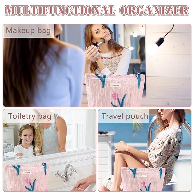 ZLFSRQ Tulip Makeup Bag Travel Cute Pink Flower Floral Cosmetic Bags for Women Large Embroidery Toiletry Pouch Zipper Cosmetic Pouch for Purse Aesthetic Makeup Organizer Bag Portable Toiletry Bags