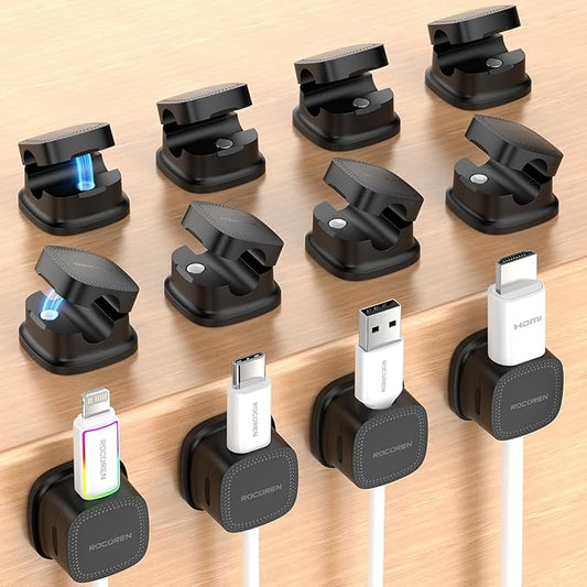 12 Pack Cable Management Cord Organizer,Magnetic Cable Clips-1s Lock,Rocoren Desk Adhesive Cord Cable Clip Wire Holder Keeper for Phone Charger Wire,Nightstand,Car,Office,Desktop Accessory,Black