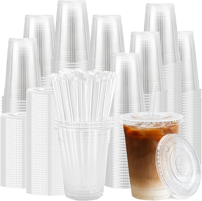 Lamosi 500 Pack 16 oz Clear Plastic Cups with Lids and Straws, Disposable Plastic Coffee Cups with Lids for Iced Coffee, Cold Beverages, Smoothies and To-Go Drinks