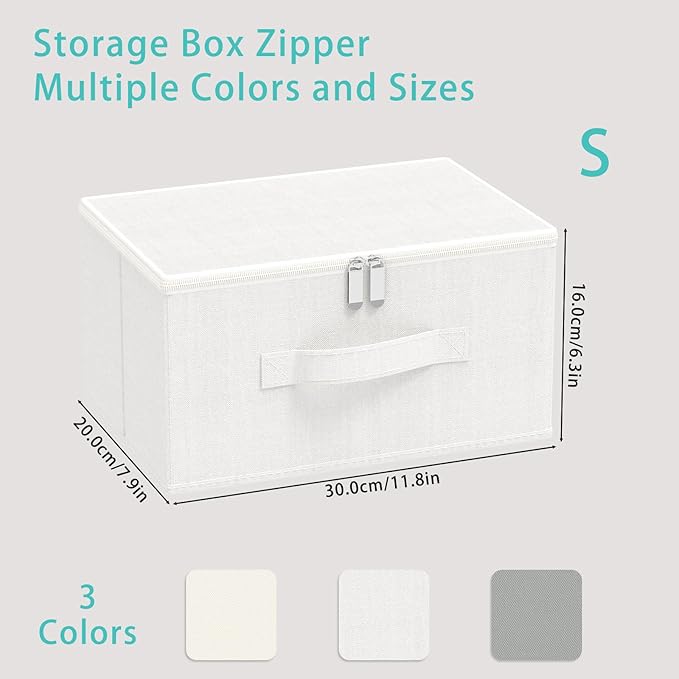 Storage Bins with Zipper, Cube Organizer Basket with Lid, Collapsible Stackable Closet Boxes, for Home and Bedroom, 4 Pack, White, 11.8 x 7.9 x 6.3 In, XSNY16WS-4