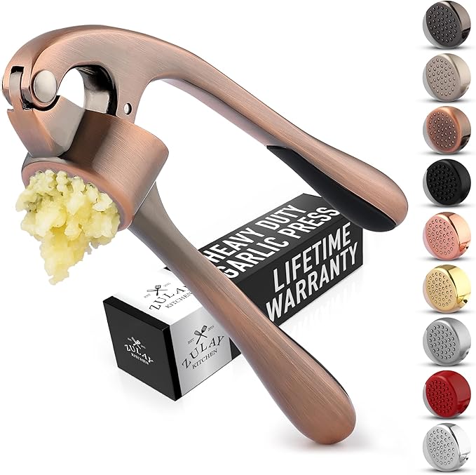 Zulay Kitchen Premium Garlic Press Set - Rust Proof & Dishwasher Safe Professional Garlic Mincer Tool - Easy-Squeeze, Easy-Clean with Soft, Ergonomic Handle - Silicone Garlic Peeler & Brush (Copper)