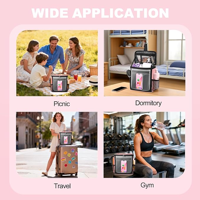 Portable Hanging Shower Caddy, Large Capacity Travel Toiletry Bag for Men & Women, Bath Organizer with Hook & Waterproof Phone Compartment, for Gym, Travel, Dorm, Picnic, Bathroom(Pink)