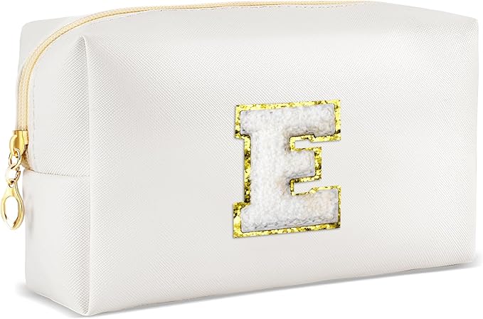 Gifts for Girls Initial Makeup Bag Personalized Cosmetic Bag with Zipper Cute Travel Toiletry Bags Waterproof PU Preppy Makeup Pouch Birthday Gift for Teen Girls Women(White E)