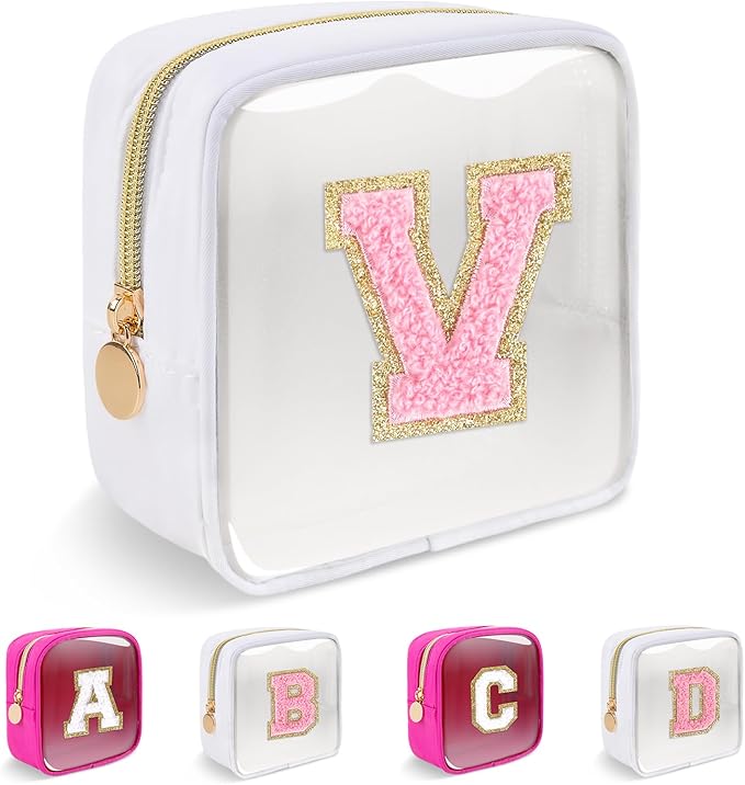 Personalized Initial Letter Clear Preppy Makeup Bag, Mini Nylon Chenille Letter Cosmetic Bag Cute Zipper Pouch Purse for Teen Girls, Portable TSA Approved Beach Travel Essentials Bag Gift for Women, V