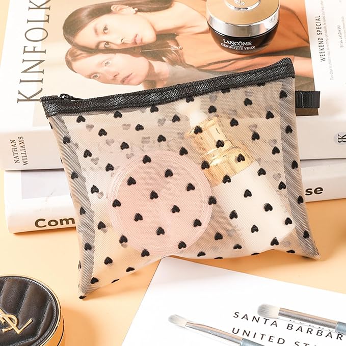 4-Piece Heart Printed Mesh Makeup Bag Set, Portable Travel Mesh Cosmetic Bags Toiletry Bags Makeup Purse Bags, Zipper Storage Pouches for Home Offices Travel Accessories (Beige)