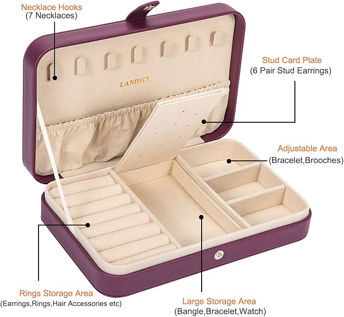 LANDICI Small Jewelry Box for Women Girls, PU Leather Travel Jewelry Case, Portable Jewelry Organizer Storage Holder Display for Ring Earrings Necklace Bracelet Bangle Men Kids Gift, Purple