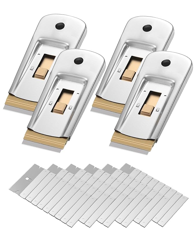 Bates Choice Metal Razor Blade Scraper Tool, Pack of 4, 60 Extra Carbon Steel Blades, Stainless Steel Heavy-Duty Cleaning Razor Scraper Tool