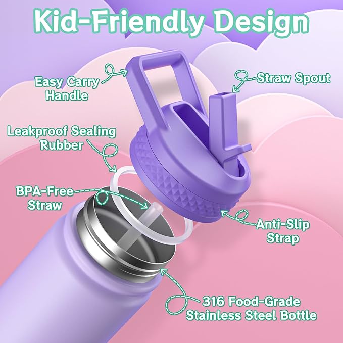 baab 18oz Kids Water Bottle, Insulated Water Bottle with Straw & Stickers, 18/8 Stainless Steel Vacuum Leakproof Kds Water Straw Cup for School, Perfect for Boy Girl (Purple, 1 Pack)