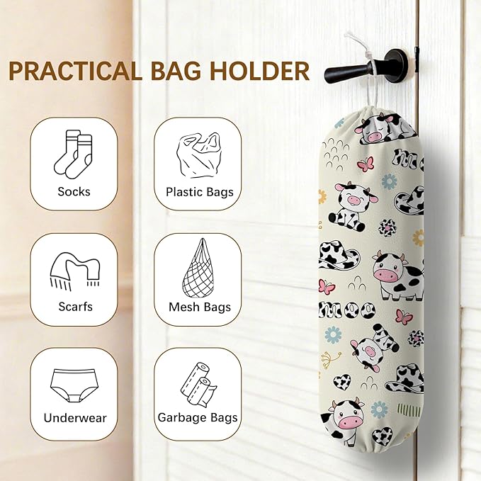 Cow Plastic Bag Holder Dispenser, Plastic Grocery Bag Organizer & Wall Mount Paper Trash Bags Saver Storage for Kitchen Home Pantry Decor, Cute Cow Shopping Bags Storage Dispenser