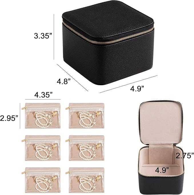 Frebeauty Small Travel Jewelry Box,Travel Jewelry Case with 6 Pouch Bags,Portable Travel Jewelry Organizer,Mini Jewelry Storage,3.35 x 4.9 x 4.8 Inches,Gift Idea for Women Girls(Black)