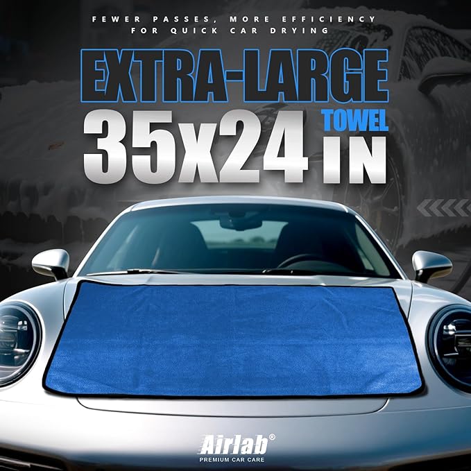 Airlab Microfiber Towels for Car Wash Drying, Thick Plush Cleaning Cloths, Auto Detailing Super Absorbent for Interior & Exterior, Lint-Free, Streak-Free, 35 x 24 Inch, 500 GSM, Pack of 2