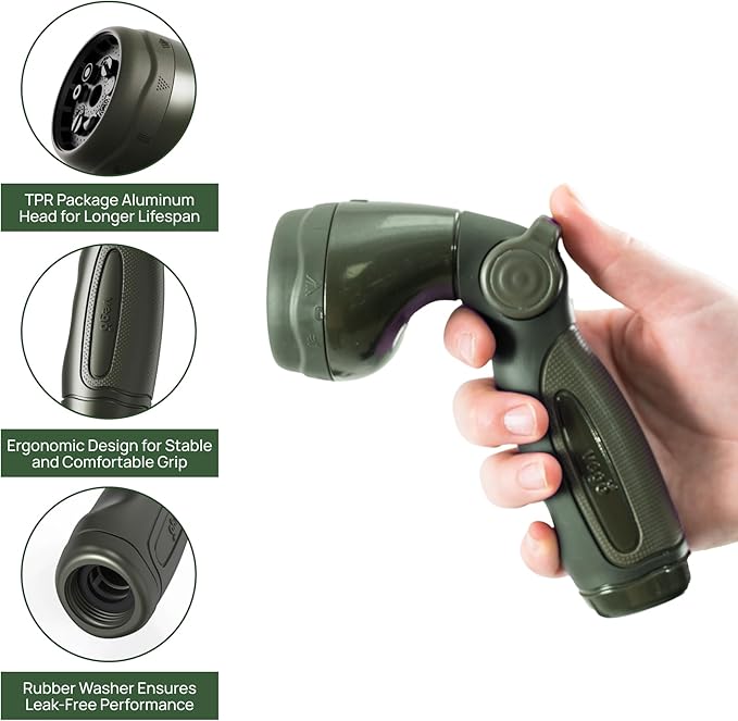 Garden Hose Nozzle - 9 Spray Patterns, Metal, Thumb Control, On/Off Valve, High Pressure Heavy Duty Water Hose Spray Nozzle for Gardening, Lawn Care, and Cleaning Tasks-Seaweed Green