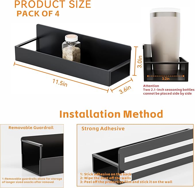 Yieach 4 Pack Black Spice Rack Wall Mount with Adhesive,11.5″L x 3.6″W,Stick on Seasoning Jar Spice Organization for Cabinet Door or Pantry Door,Adhesive Wall Spice Rack for RV,Kitchen,Inside Cabinets