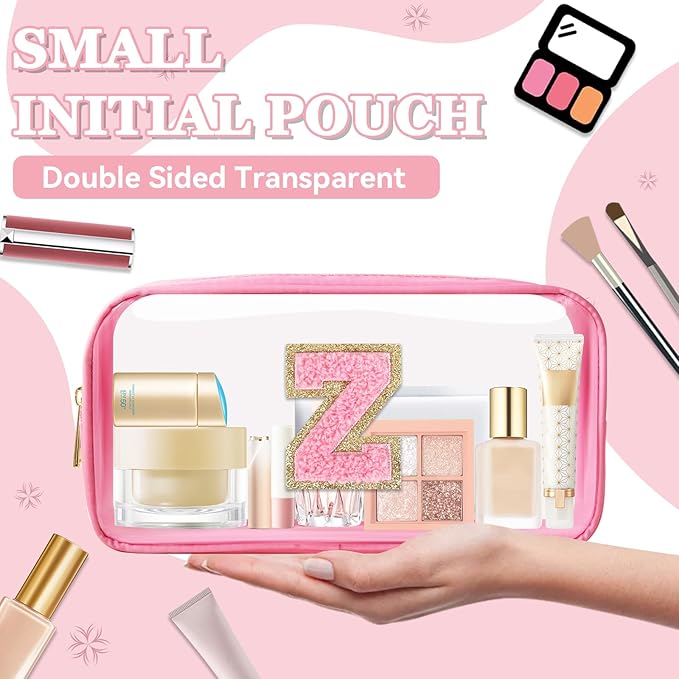 Small Clear Personalized Initial Makeup Bag, Preppy A-Z Chenille Letter Patch Cosmetic Bag, Cute Transparent Nylon Waterproof Zipper Beach Varsity Letter Pouch, Gift for Women Girls(Pink-Pink Z)