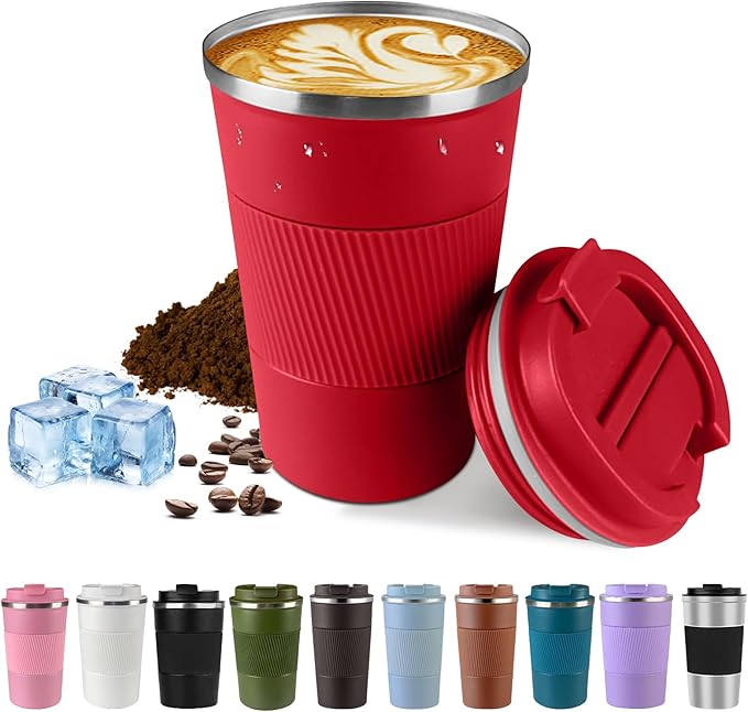 SPLMIFA Vacuum-Insulated Stainless Steel Travel Coffee Mug, Leak-Proof Reusable Coffee Cup with Lid - Keep Hot & Cold Drinks for Hours, Durable Insulated Tumbler for Men & Women(3rd-Red, 17OZ)