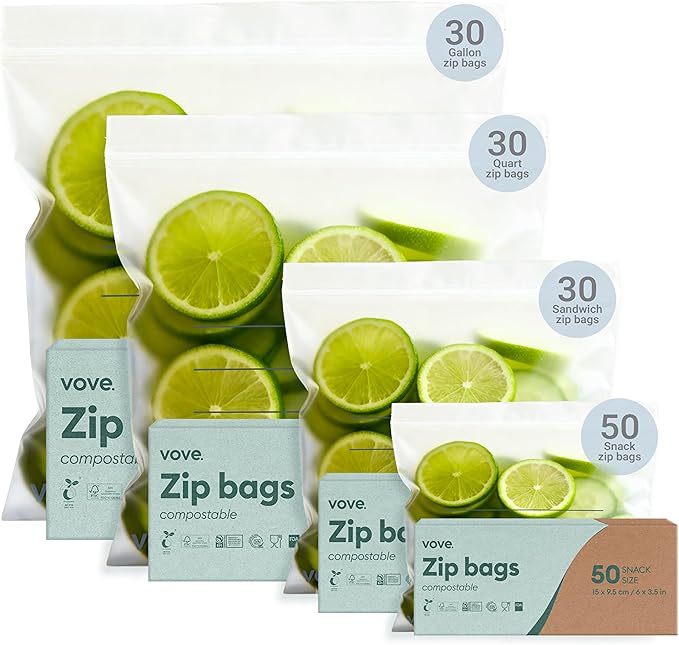 Vove Compostable Storage Bag Bundle, 140 Count Multi-Size S/M/L/XL – Freezer Safe, Resealable, Non Toxic Bags for Food, Meal Prep & Snacks, Plastic-Free Eco Bags