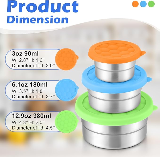 E-far Snack Containers with Lid Set of 3 (3, 6, 12.9oz), Stainless Steel Food Container for Kids Toddlers Adults, Round Metal Reusable Food Storage Box for Daycare School, Leak Proof & Stackable