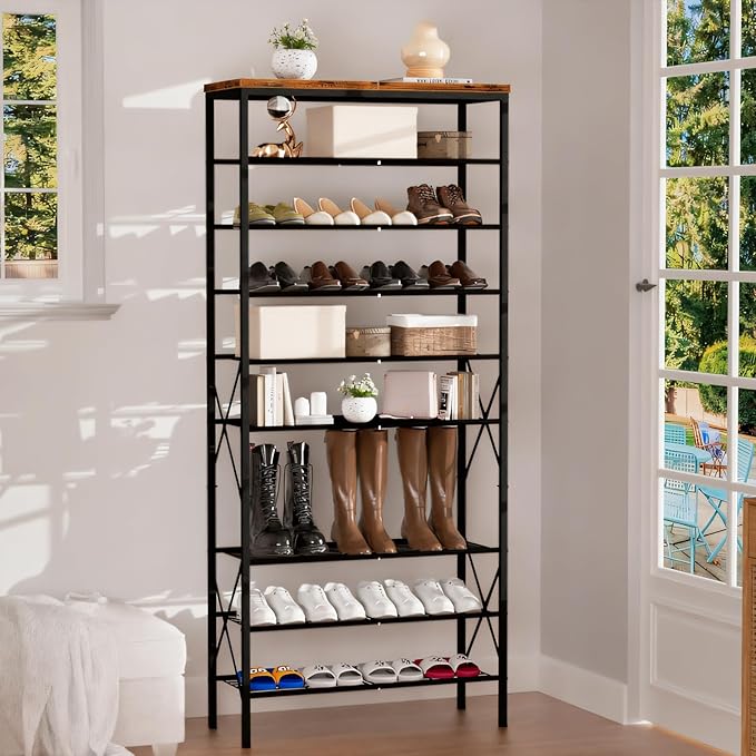 10-Tier Tall Shoe Rack, Large Capacity Shoe Shelf Holds 40-45 Pairs, Shoe Organizer for Entryway, Hallway, Living Room, Rustic Brown